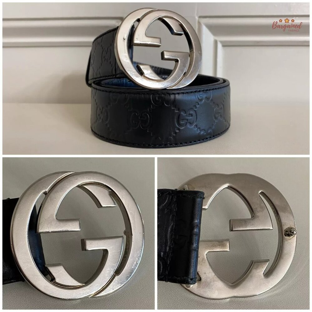 Authentic Gucci Black Monogram Guccissima Leather Silver Buckle Belt 85/34 - Picture 2 of 13